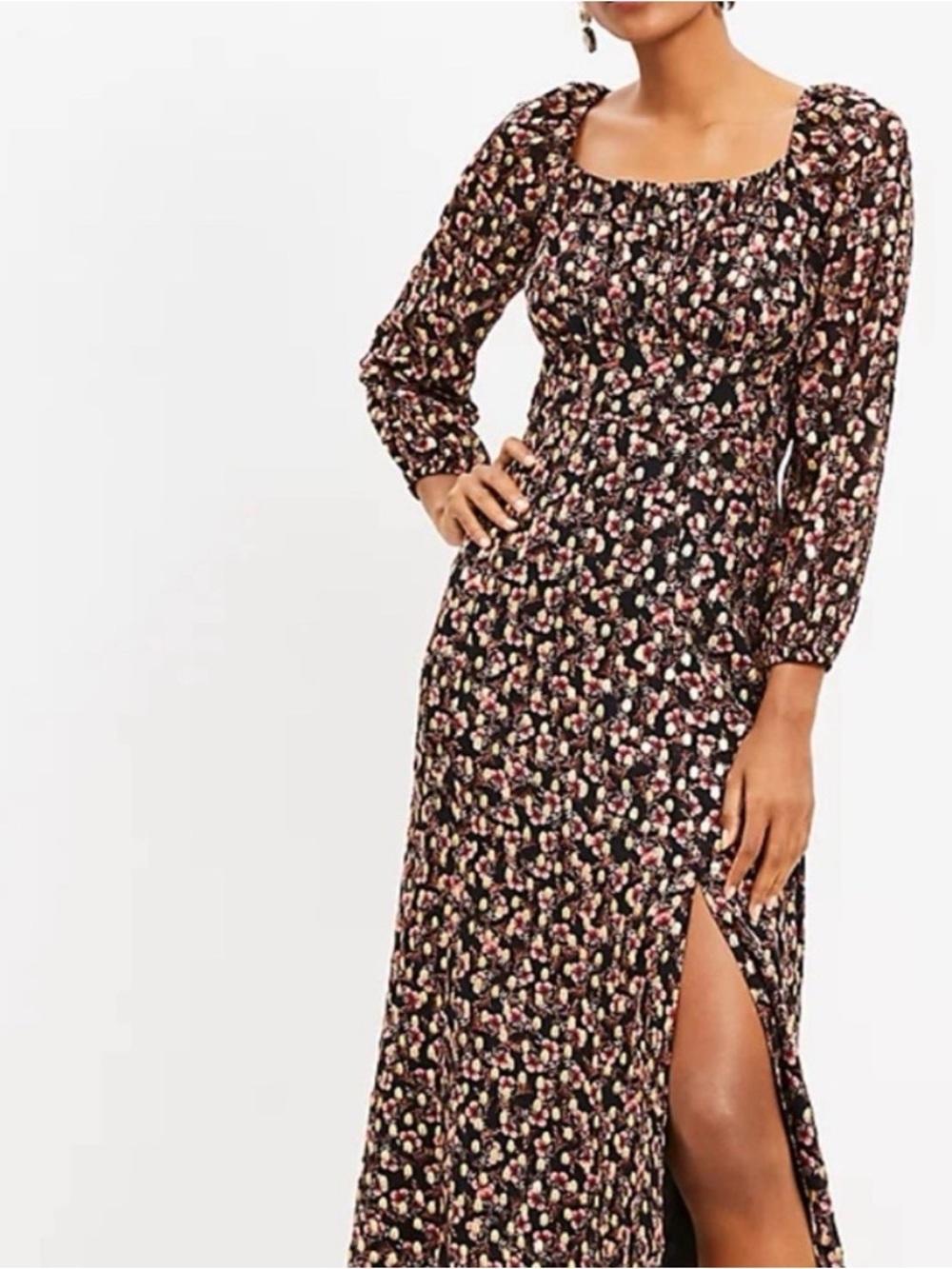 LOFT Black Floral Square-Neck Maxi Dress with Puff Sleeves and Side Slit